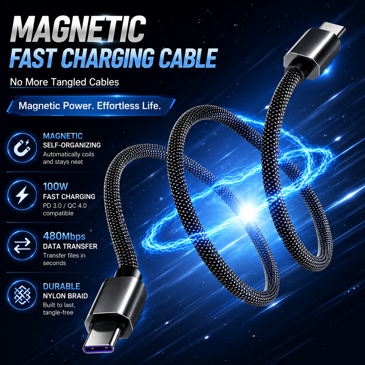 ⚡Magnetic Anti-Tangle Fast Charging Cable (Offer)