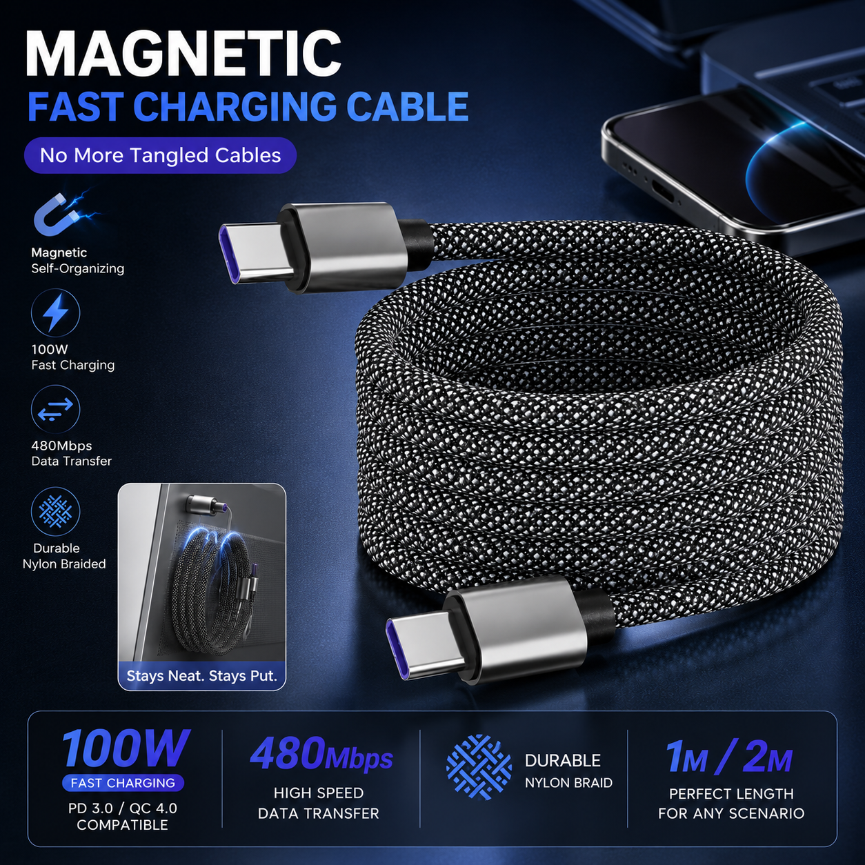 ⚡Magnetic Anti-Tangle Fast Charging Cable