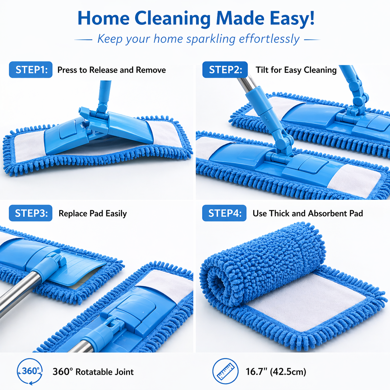 NantSpider™ Detachable Coral Fleece Flat Mop with Stainless Steel Handle