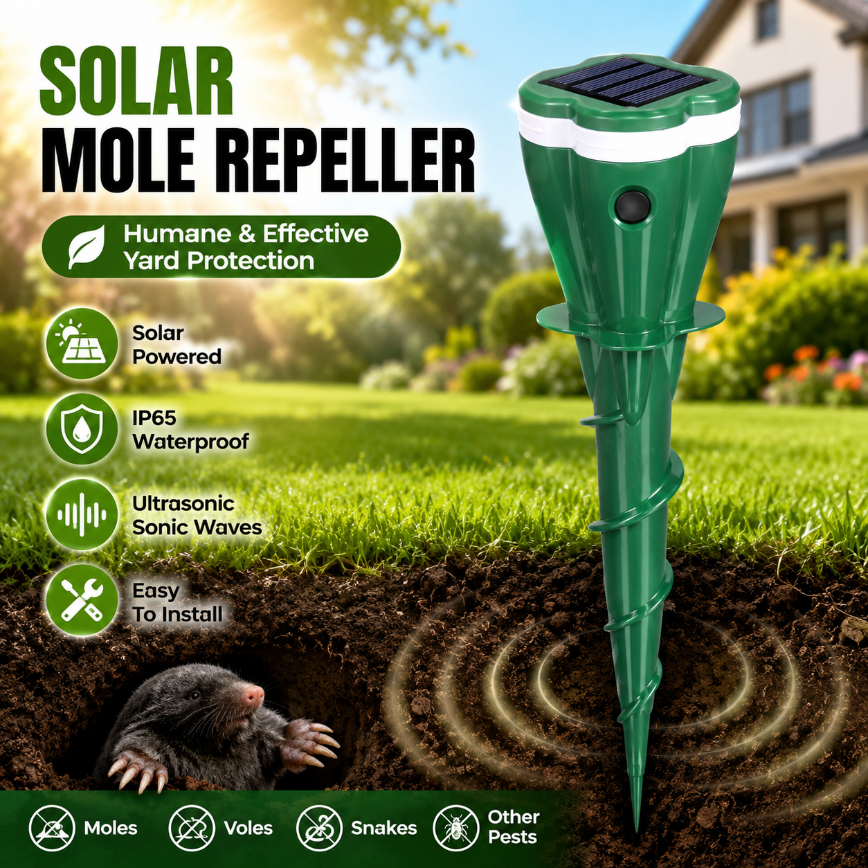 ☘️Solar Sonic Mole Repellent Stakes – Waterproof Ultrasonic Yard Pest Repeller