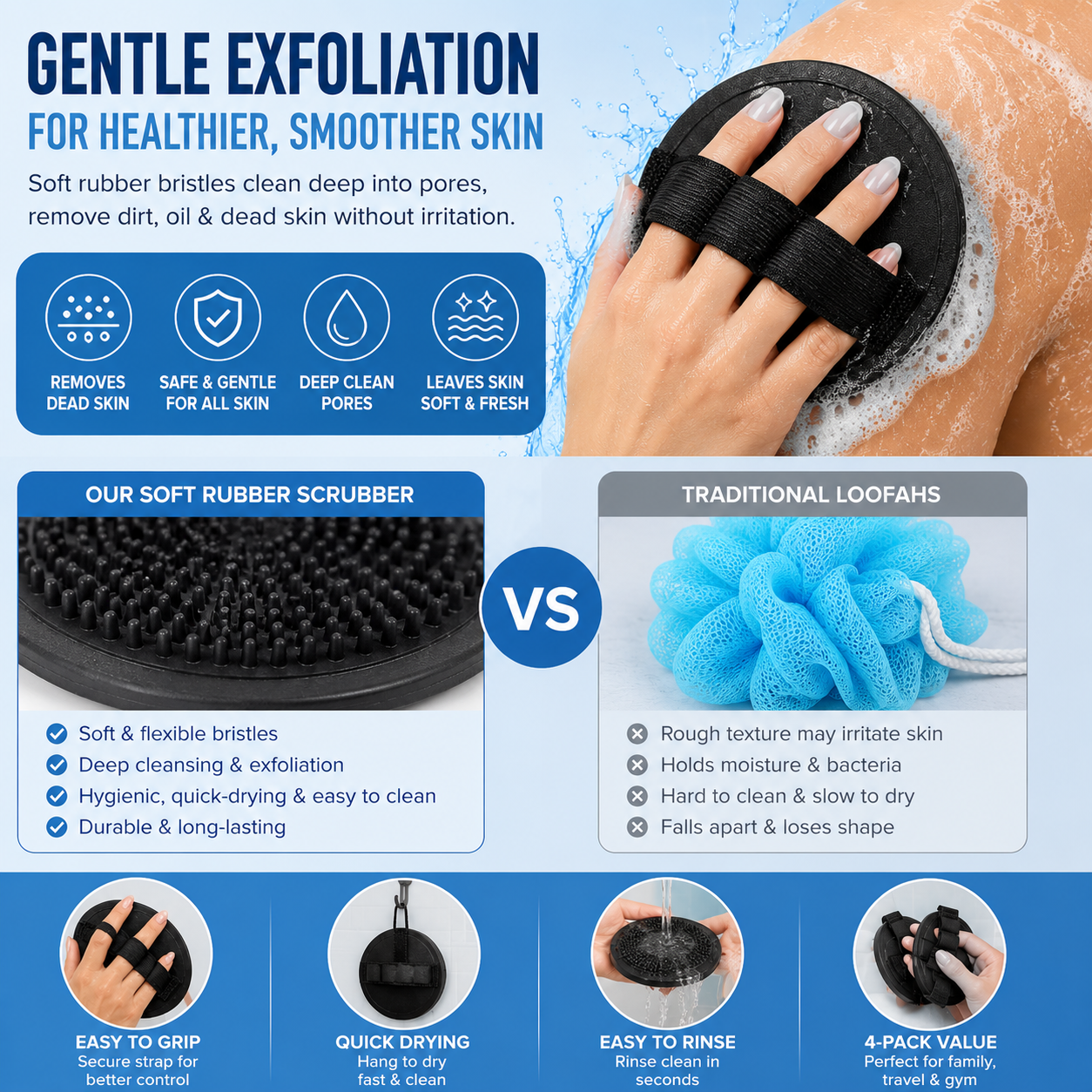 Soft Silicone Shower Scrubber – Gentle Exfoliating Body Brush