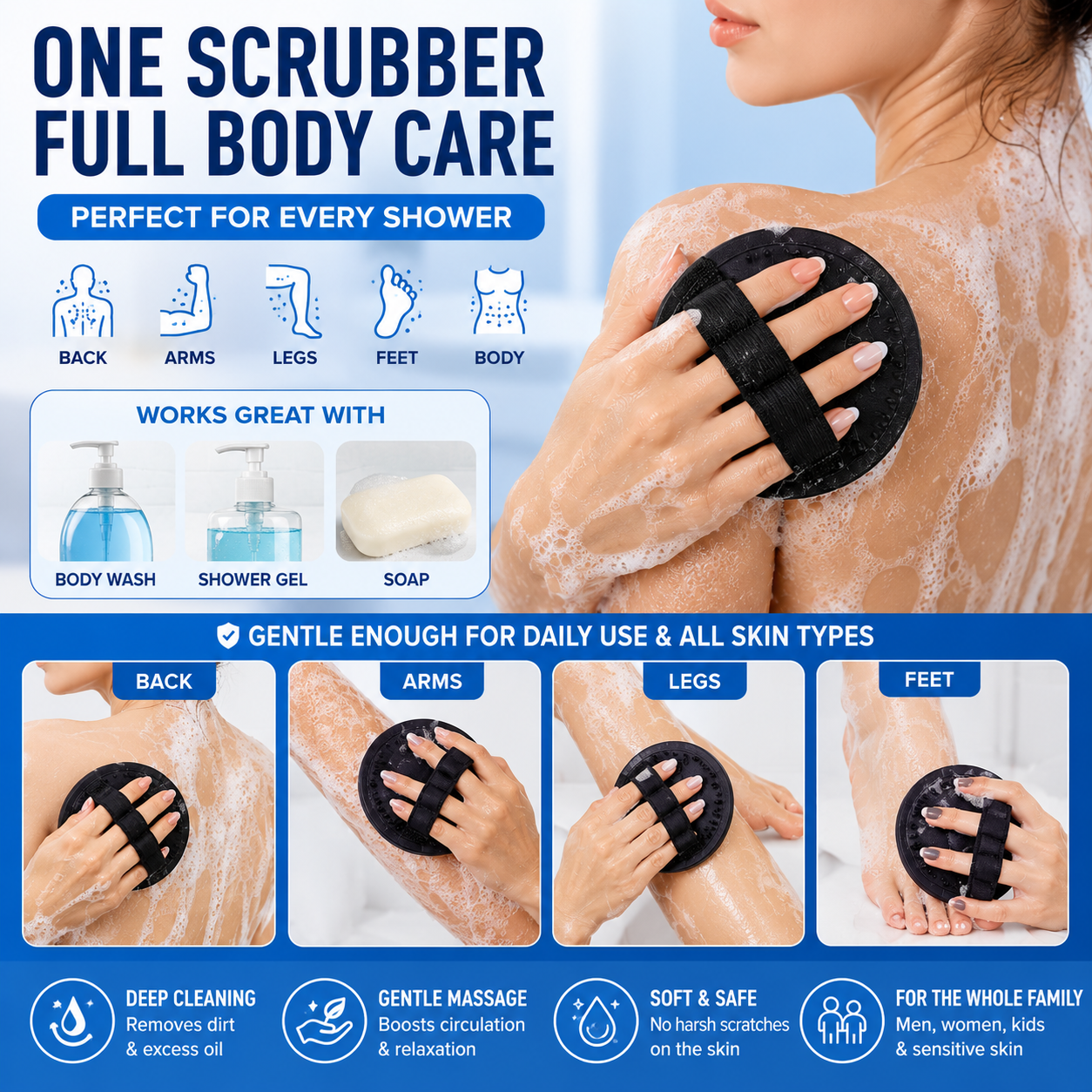 Soft Silicone Shower Scrubber – Gentle Exfoliating Body Brush